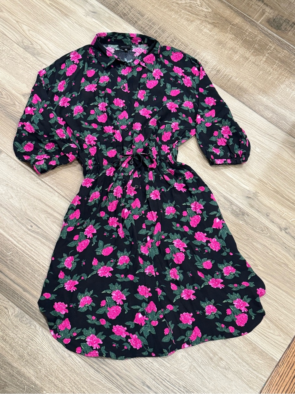Who What Wear - Black Floral Tie-Waist Shirt Dress